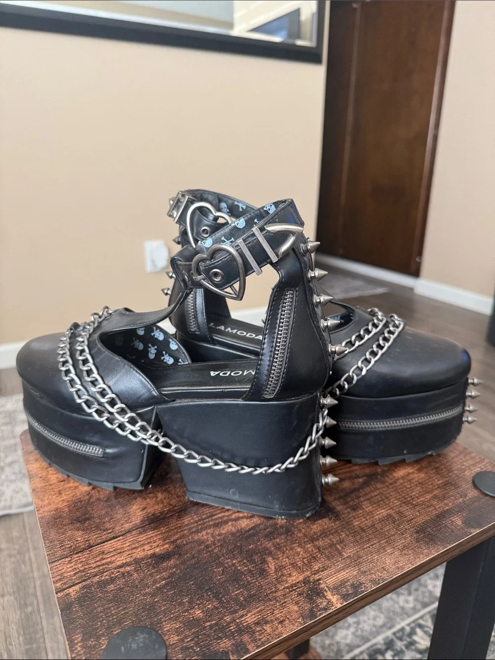 LAMODA Black Platform Mary Janes with Chain & Spike Accents